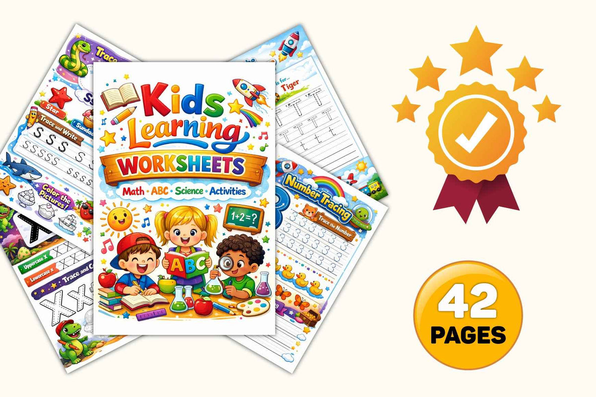 Kids Learning Worksheets — 42-Page Digital Printable | Math, ABC, Science & Activities