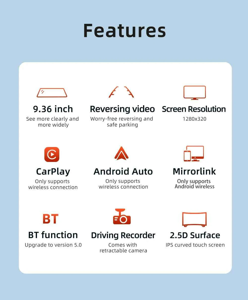 BQCC 9.36 Inch 2.5D Touch Screen Car Player MirrorLink CarPlay Android Auto Rearview Mirror Recorder AUX/BT/FM/SPK Car Radio