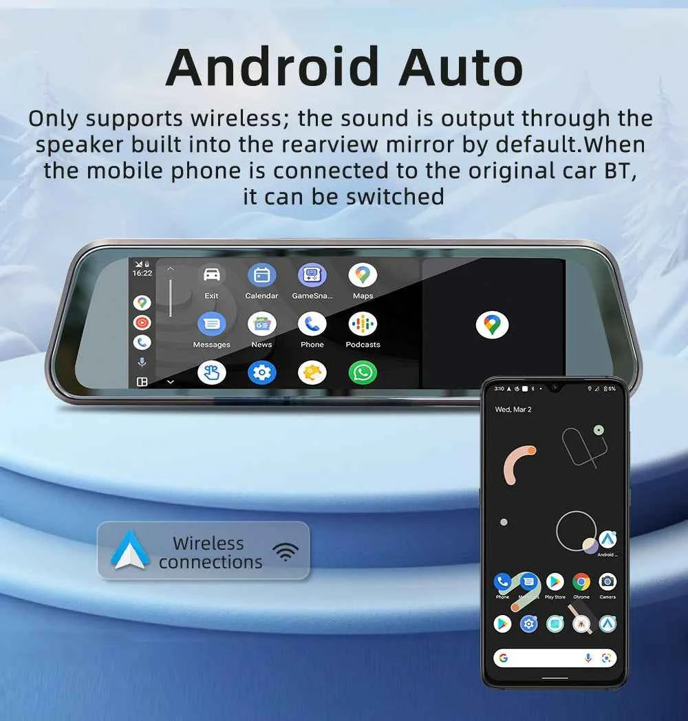 BQCC 9.36 Inch 2.5D Touch Screen Car Player MirrorLink CarPlay Android Auto Rearview Mirror Recorder AUX/BT/FM/SPK Car Radio