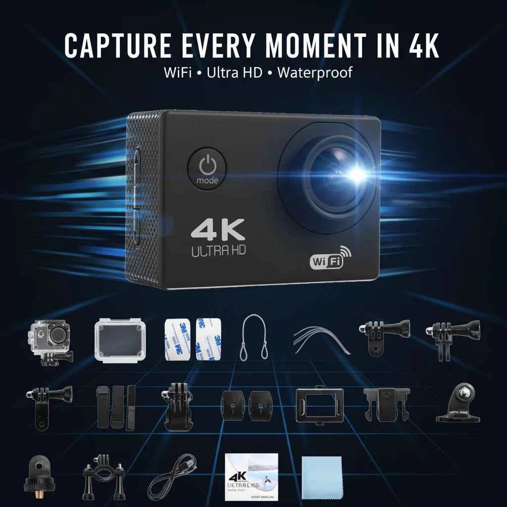 4K Action Camera – Waterproof 30M, WiFi, 170° Wide Angle, 2" Touch Screen