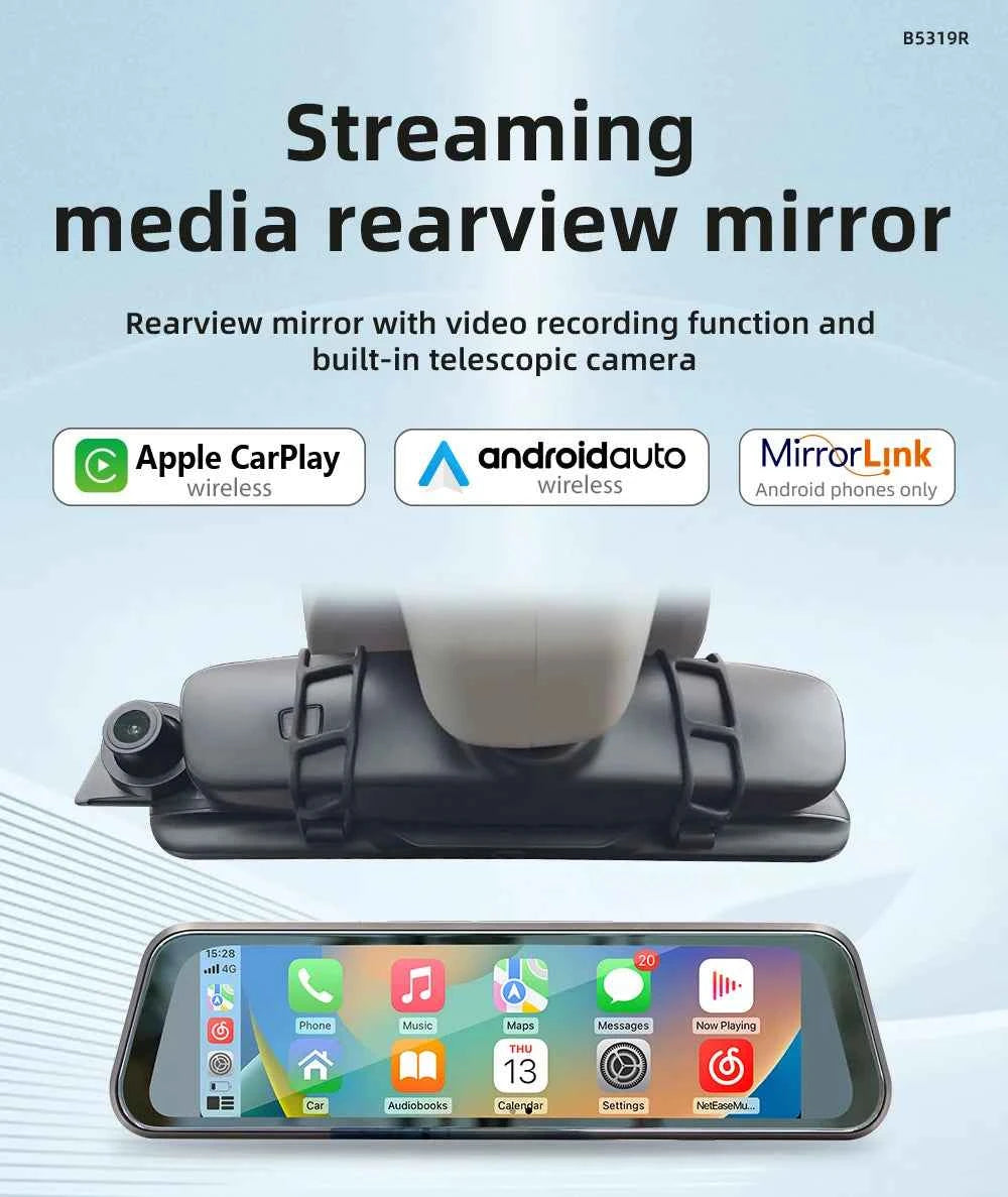 BQCC 9.36 Inch 2.5D Touch Screen Car Player MirrorLink CarPlay Android Auto Rearview Mirror Recorder AUX/BT/FM/SPK Car Radio