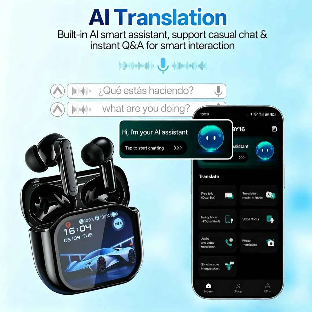 AI Translator Earbuds – Instant 165-Language Translation, ANC Noise Cancelling, HiFi Sound & Smart Touch Screen
