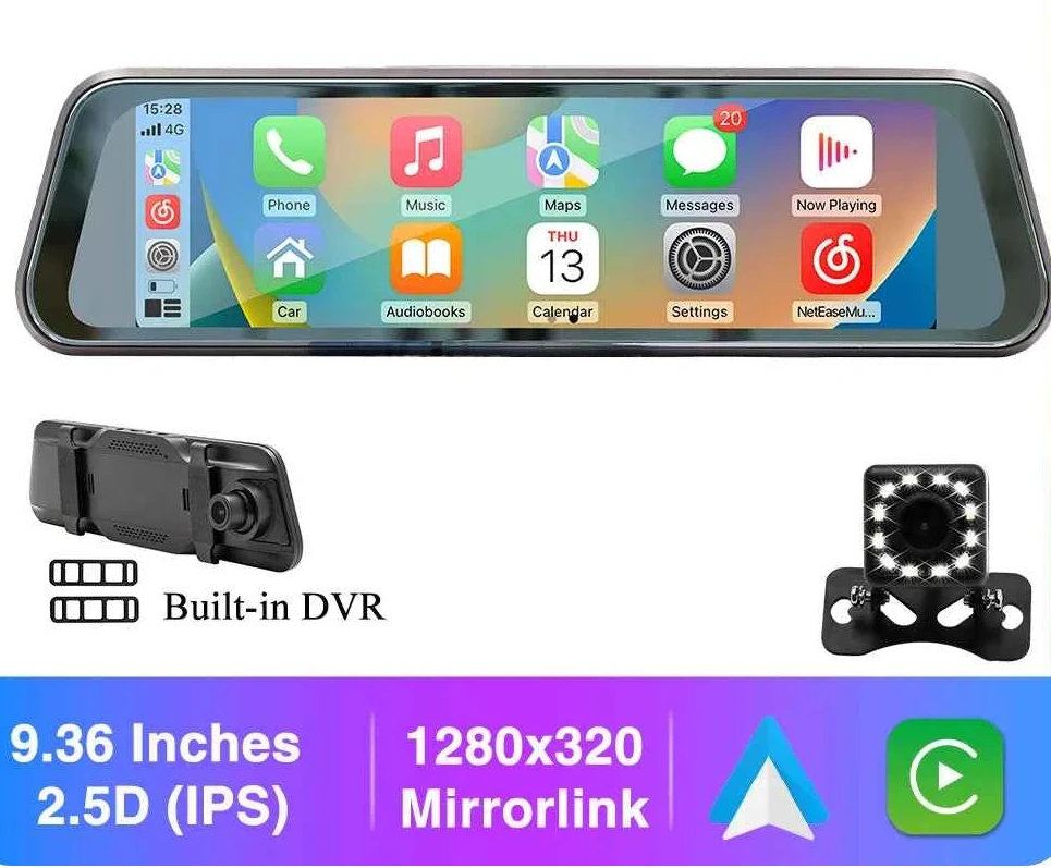 BQCC 9.36 Inch 2.5D Touch Screen Car Player MirrorLink CarPlay Android Auto Rearview Mirror Recorder AUX/BT/FM/SPK Car Radio
